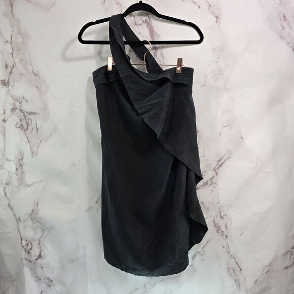 In Ad Minus Dress Womens 4 Small Black Silk Mini Asymmetric Shift Ruffle LBD - Picture 2 of 16